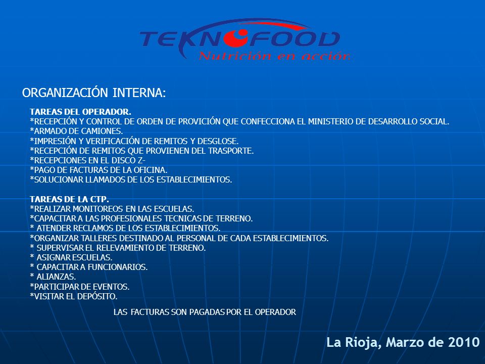 La Rioja, Marzo de 2010 ORGANIZACIÓN INTERNA: TAREAS DEL OPERADOR.