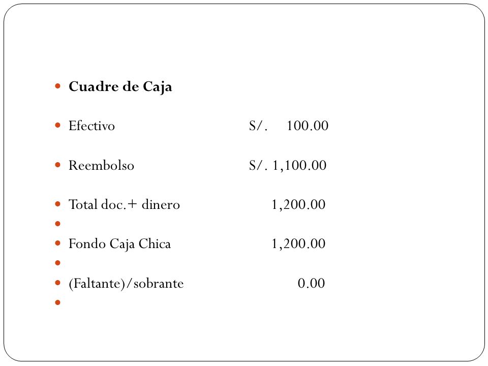 Cuadre de Caja Efectivo S/ Reembolso S/. 1, Total doc.+ dinero 1,