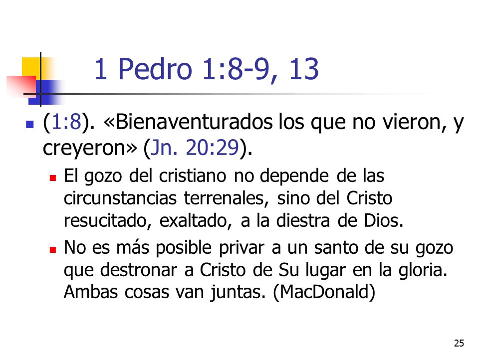 1 Pedro 1:8-9, 13 (1:8). «Bienaventurados los que no vieron, y creyeron» (Jn. 20:29).
