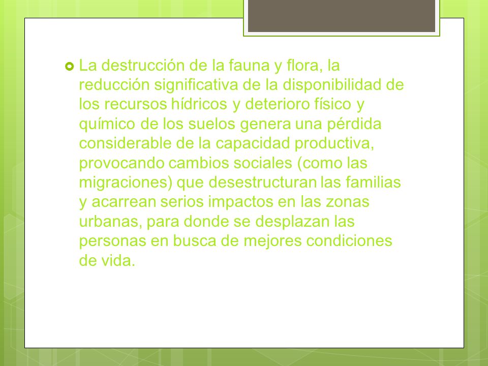 La destrucción de la fauna y flora, la reducción significativa de la disponibilidad de los recursos hídricos y deterioro físico y químico de los suelos genera una pérdida considerable de la capacidad productiva, provocando cambios sociales (como las migraciones) que desestructuran las familias y acarrean serios impactos en las zonas urbanas, para donde se desplazan las personas en busca de mejores condiciones de vida.