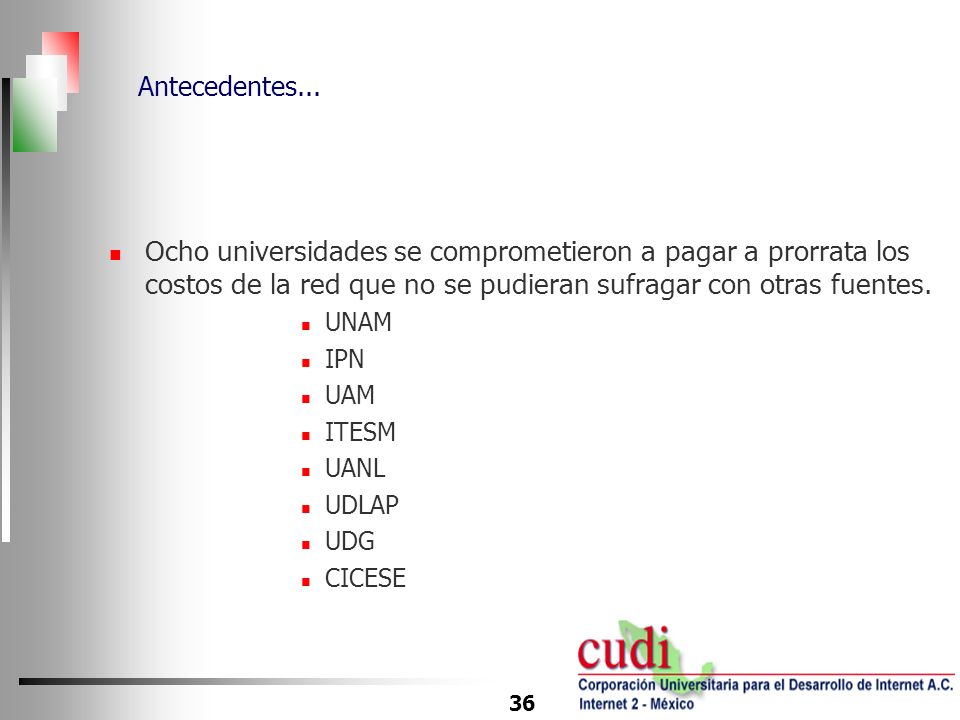 Antecedentes... Ocho universidades se comprometieron a pagar a prorrata los costos de la red que no se pudieran sufragar con otras fuentes.