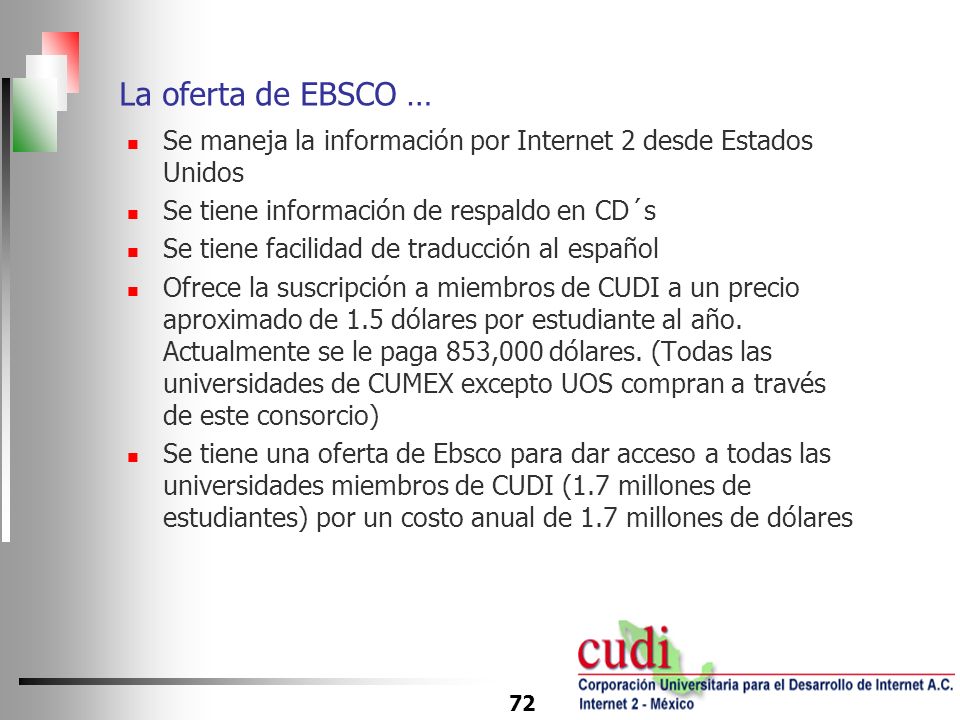 La oferta de EBSCO … Se maneja la información por Internet 2 desde Estados Unidos. Se tiene información de respaldo en CD´s.