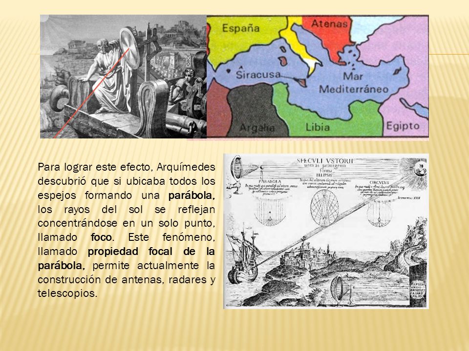 Para lograr este efecto, Arquímedes descubrió que si ubicaba todos los espejos formando una parábola, los rayos del sol se reflejan concentrándose en un solo punto, llamado foco.