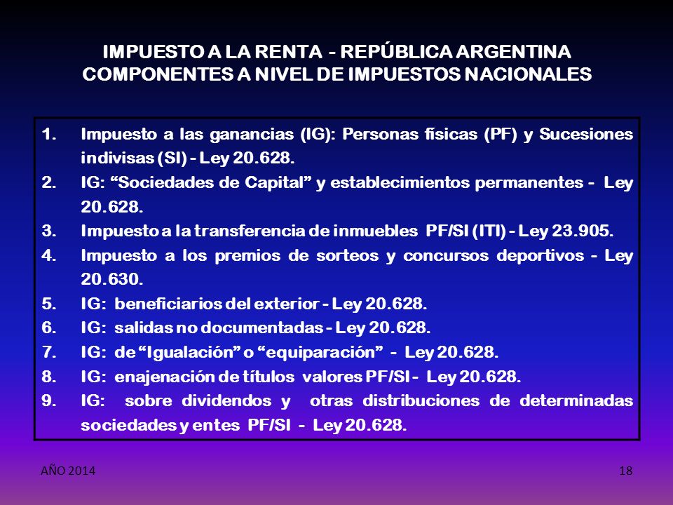 IMPUESTO A LA RENTA - REPÚBLICA ARGENTINA COMPONENTES A NIVEL DE IMPUESTOS NACIONALES