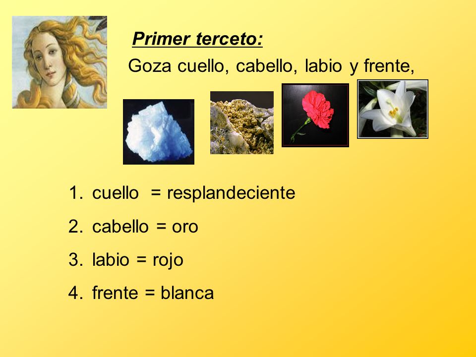 Primer terceto: Goza cuello, cabello, labio y frente, cuello = resplandeciente. cabello = oro. labio = rojo.