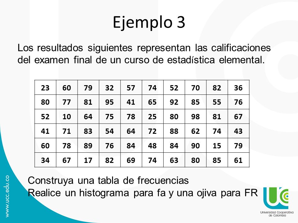 Ejemplo 3 Los resultados siguientes representan las calificaciones