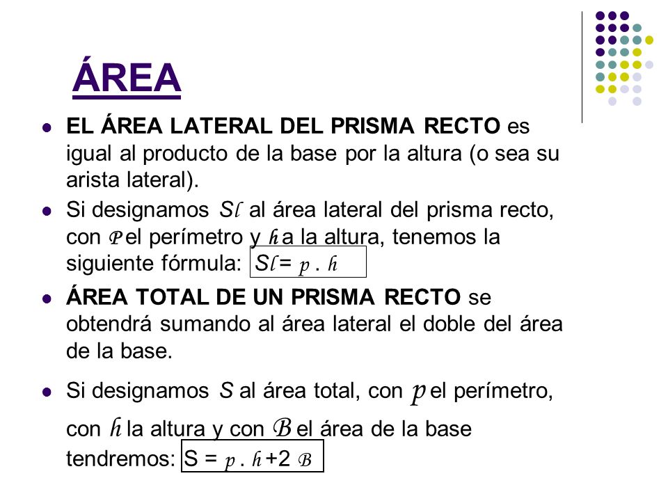 ÁREA EL ÁREA LATERAL DEL PRISMA RECTO es igual al producto de la base por la altura (o sea su arista lateral).