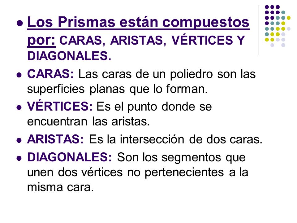 Los Prismas están compuestos por: CARAS, ARISTAS, VÉRTICES Y DIAGONALES.