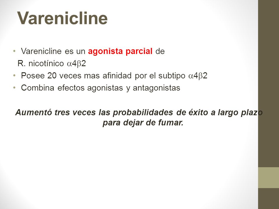 Varenicline Varenicline es un agonista parcial de R. nicotínico 42