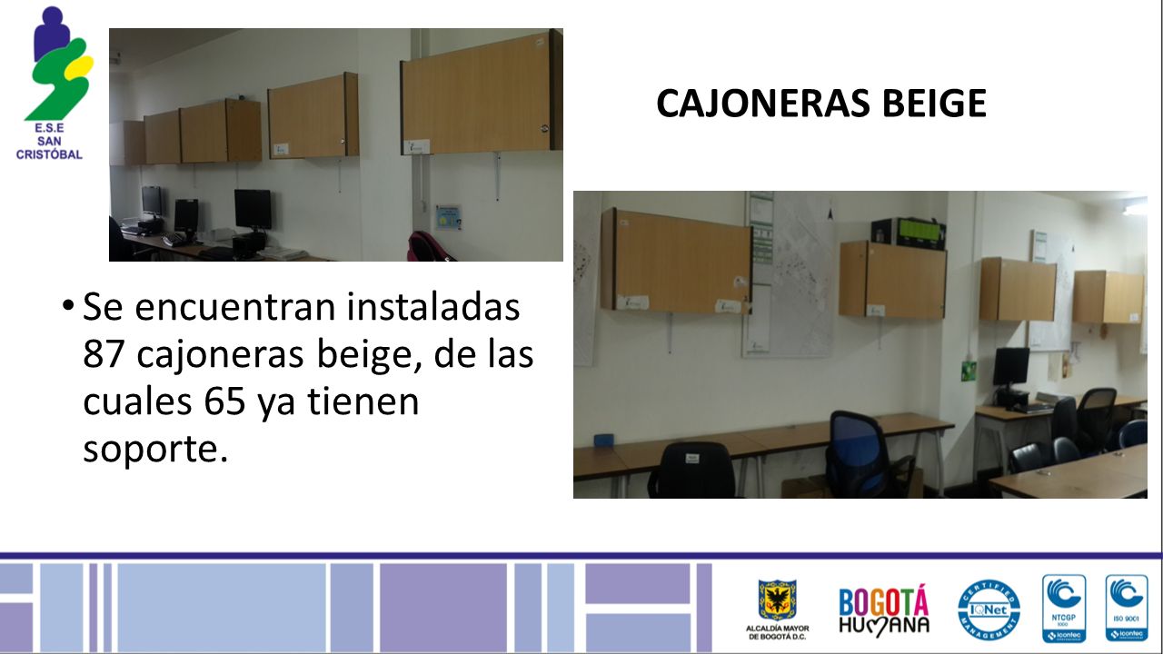 CAJONERAS BEIGE Se encuentran instaladas 87 cajoneras beige, de las cuales 65 ya tienen soporte.