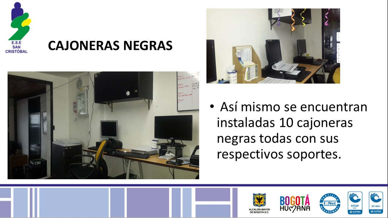 CAJONERAS NEGRAS Así mismo se encuentran instaladas 10 cajoneras negras todas con sus respectivos soportes.