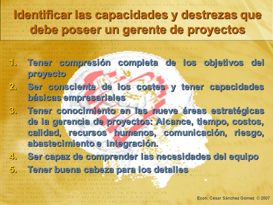 Identificar las capacidades y destrezas que debe poseer un gerente de proyectos