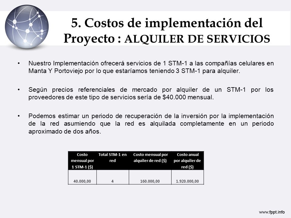 5. Costos de implementación del Proyecto : ALQUILER DE SERVICIOS