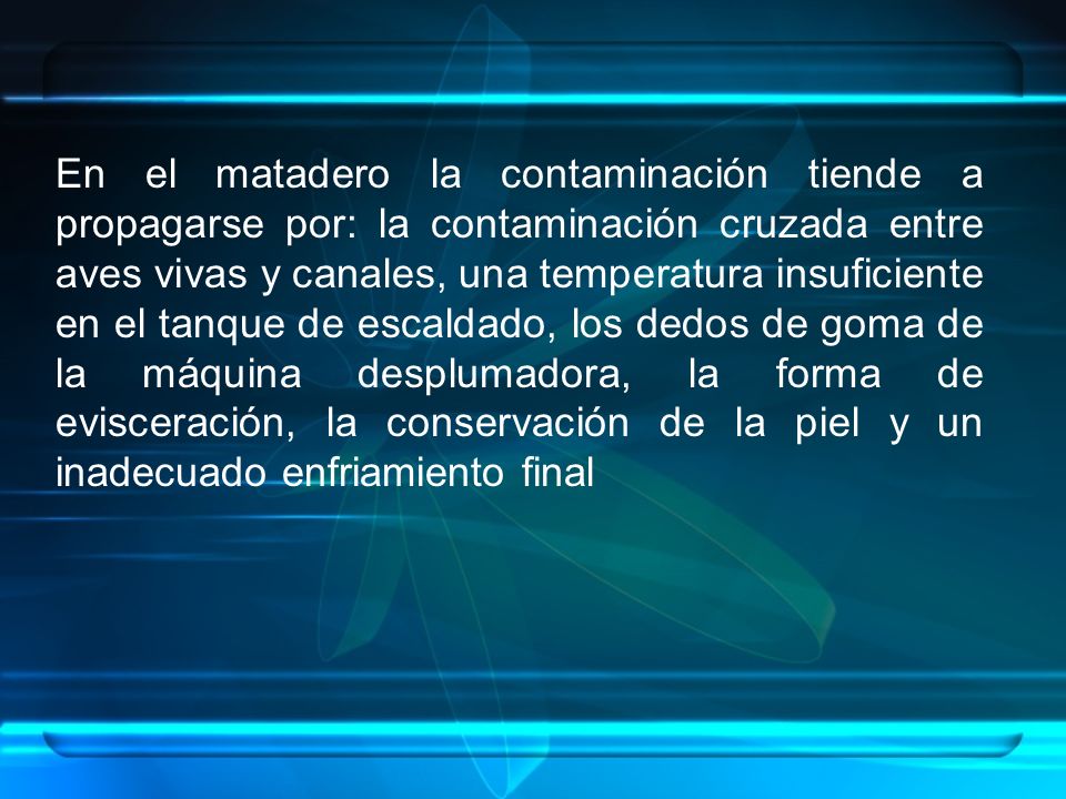 En el matadero la contaminación tiende a propagarse por: la contaminación cruzada entre aves vivas y canales, una temperatura insuficiente en el tanque de escaldado, los dedos de goma de la máquina desplumadora, la forma de evisceración, la conservación de la piel y un inadecuado enfriamiento final
