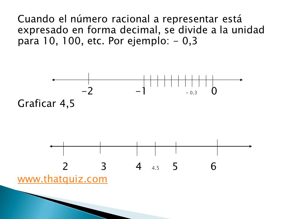Cuando el número racional a representar está expresado en forma decimal, se divide a la unidad para 10, 100, etc.