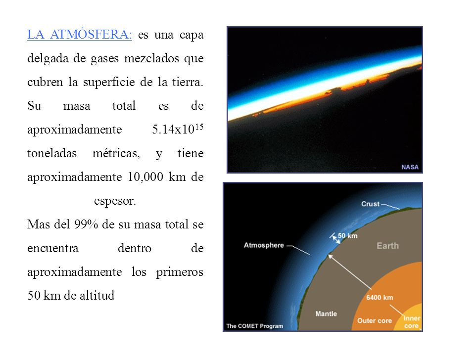 LA ATMÓSFERA: es una capa delgada de gases mezclados que cubren la superficie de la tierra.