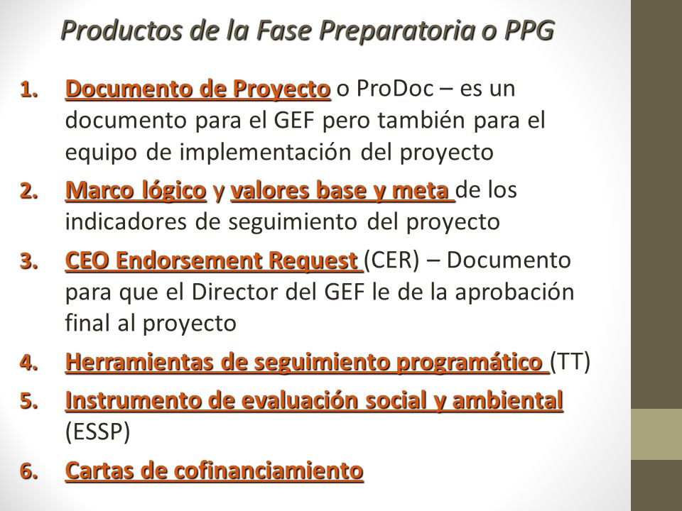 Productos de la Fase Preparatoria o PPG