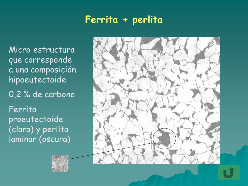 Ferrita + perlita Micro estructura que corresponde a una composición hipoeutectoide. 0,2 % de carbono.