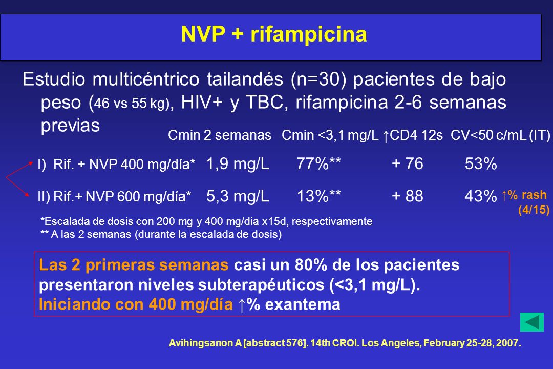 NVP + rifampicina Estudio multicéntrico tailandés (n=30) pacientes de bajo peso (46 vs 55 kg), HIV+ y TBC, rifampicina 2-6 semanas previas.