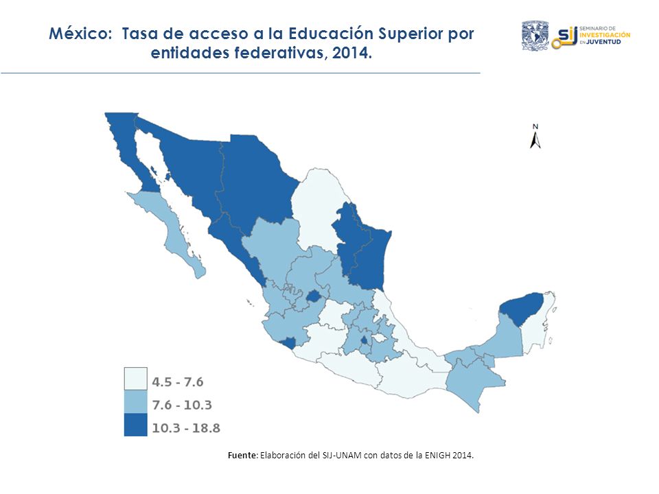 México: Tasa de acceso a la Educación Superior por entidades federativas, 2014.