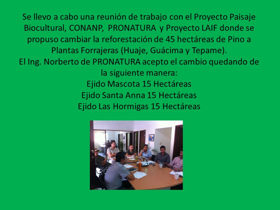 Se llevo a cabo una reunión de trabajo con el Proyecto Paisaje Biocultural, CONANP, PRONATURA y Proyecto LAIF donde se propuso cambiar la reforestación de 45 hectáreas de Pino a Plantas Forrajeras (Huaje, Guácima y Tepame).