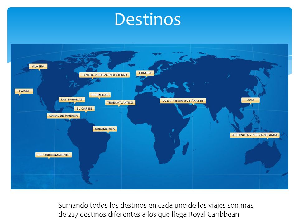 Destinos Sumando todos los destinos en cada uno de los viajes son mas de 227 destinos diferentes a los que llega Royal Caribbean.