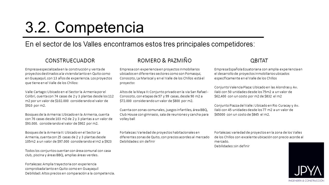 3.2. Competencia En el sector de los Valles encontramos estos tres principales competidores: CONSTRUECUADOR.