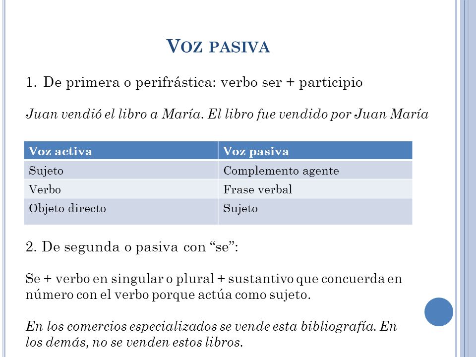 Voz pasiva De primera o perifrástica: verbo ser + participio