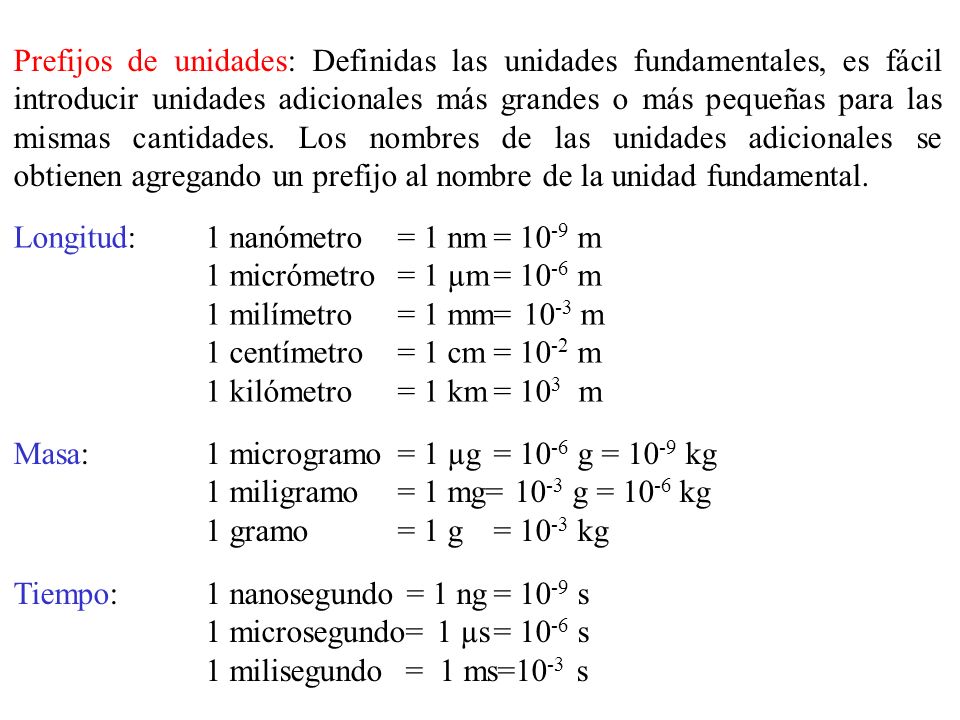 Prefijos de unidades: Definidas las unidades fundamentales, es fácil introducir unidades adicionales más grandes o más pequeñas para las mismas cantidades. Los nombres de las unidades adicionales se obtienen agregando un prefijo al nombre de la unidad fundamental.