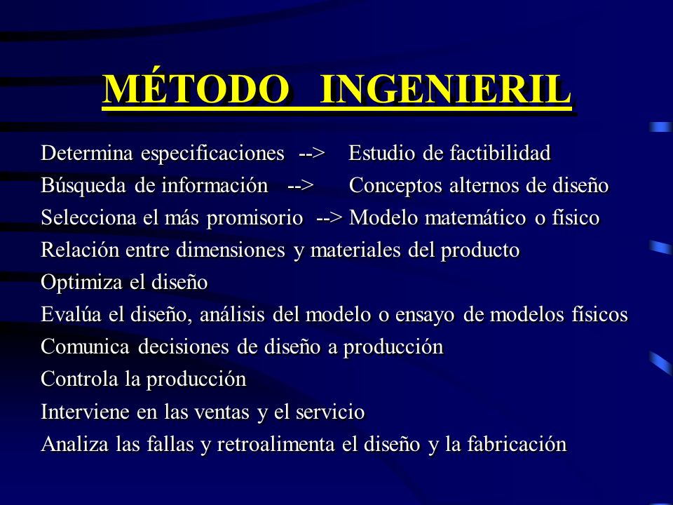 MÉTODO INGENIERIL Determina especificaciones --> Estudio de factibilidad. Búsqueda de información --> Conceptos alternos de diseño.