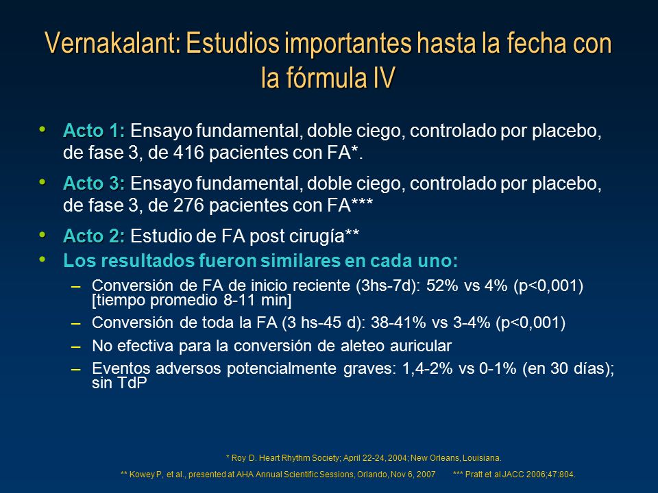 Vernakalant: Estudios importantes hasta la fecha con la fórmula IV