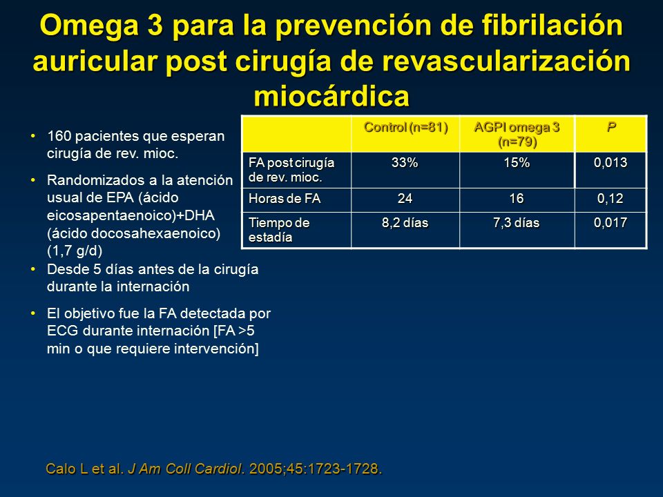 Omega 3 para la prevención de fibrilación auricular post cirugía de revascularización miocárdica