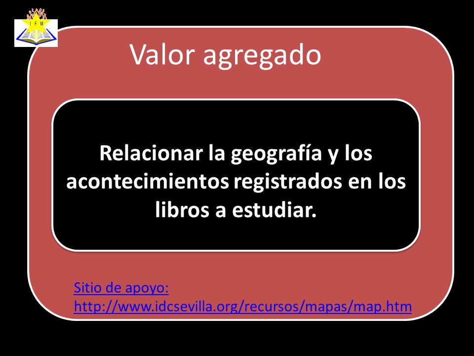 I F M Valor agregado. Relacionar la geografía y los acontecimientos registrados en los libros a estudiar.