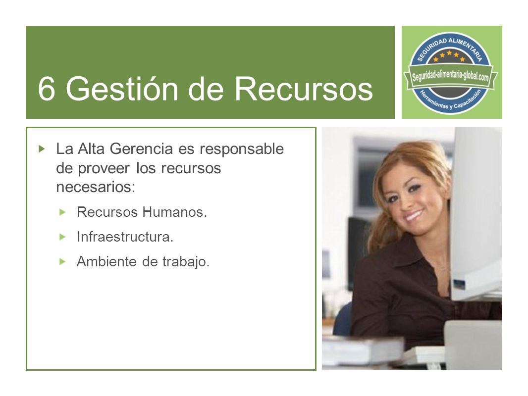 6 Gestión de Recursos La Alta Gerencia es responsable de proveer los recursos necesarios: Recursos Humanos.