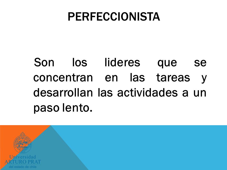 Perfeccionista Son los lideres que se concentran en las tareas y desarrollan las actividades a un paso lento.