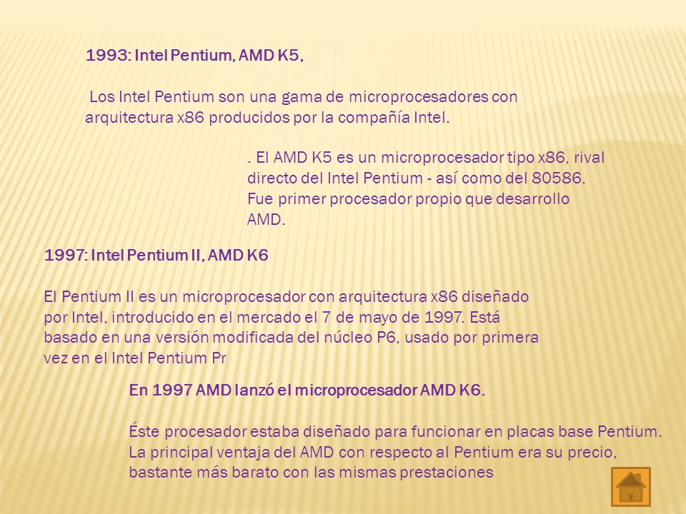1993: Intel Pentium, AMD K5, Los Intel Pentium son una gama de microprocesadores con arquitectura x86 producidos por la compañía Intel.