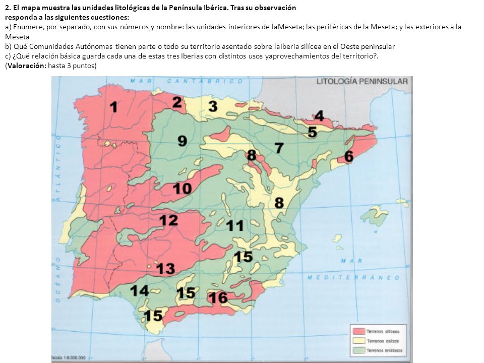 2. El mapa muestra las unidades litológicas de la Península Ibérica