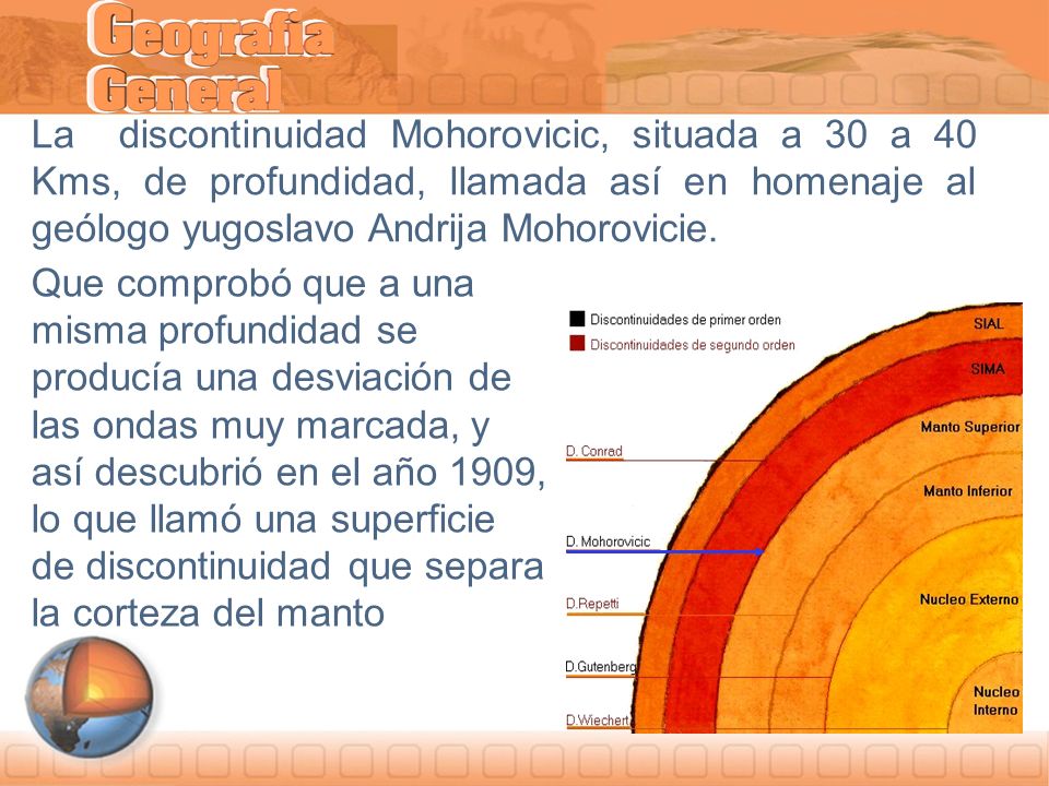 La discontinuidad Mohorovicic, situada a 30 a 40 Kms, de profundidad, llamada así en homenaje al geólogo yugoslavo Andrija Mohorovicie.