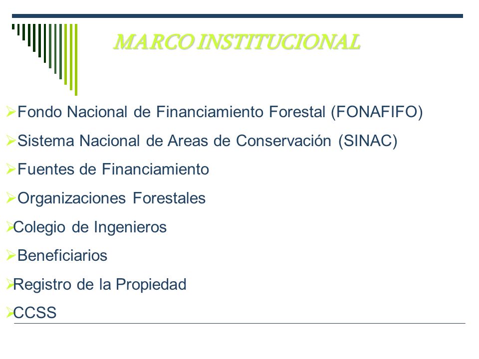 MARCO INSTITUCIONAL Fondo Nacional de Financiamiento Forestal (FONAFIFO) Sistema Nacional de Areas de Conservación (SINAC)