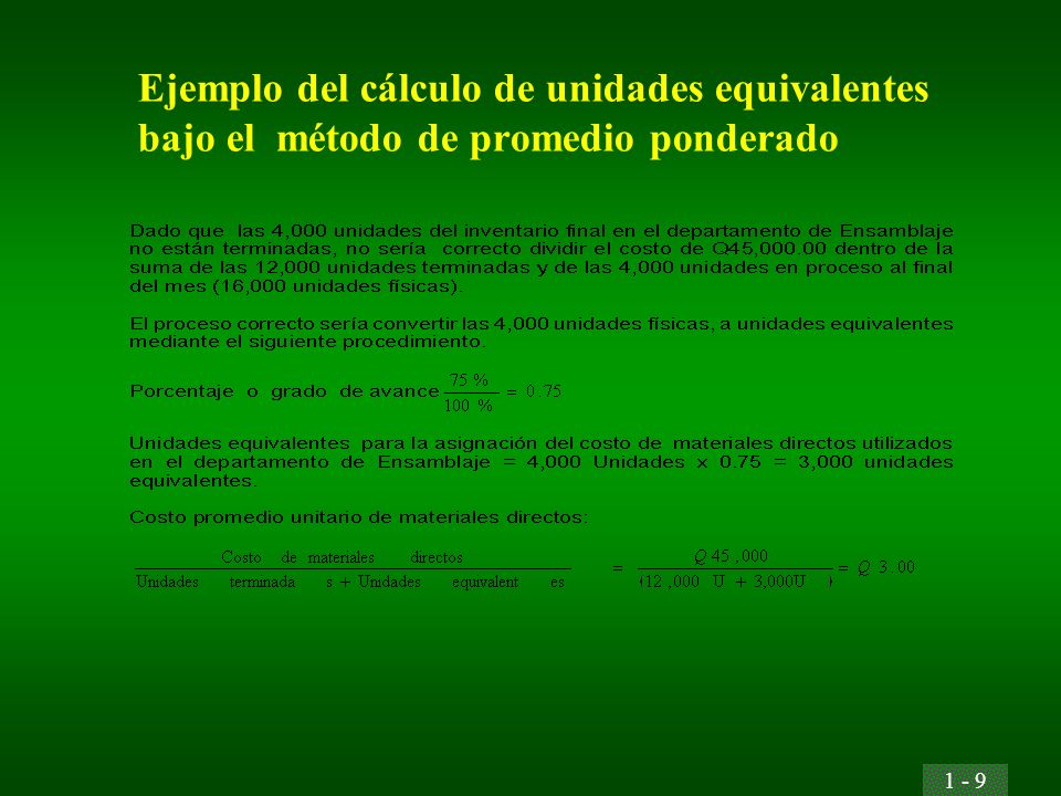 Ejemplo del cálculo de unidades equivalentes bajo el método de promedio ponderado