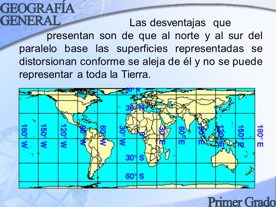 Las desventajas que presentan son de que al norte y al sur del paralelo base las superficies representadas se distorsionan conforme se aleja de él y no se puede representar a toda la Tierra.