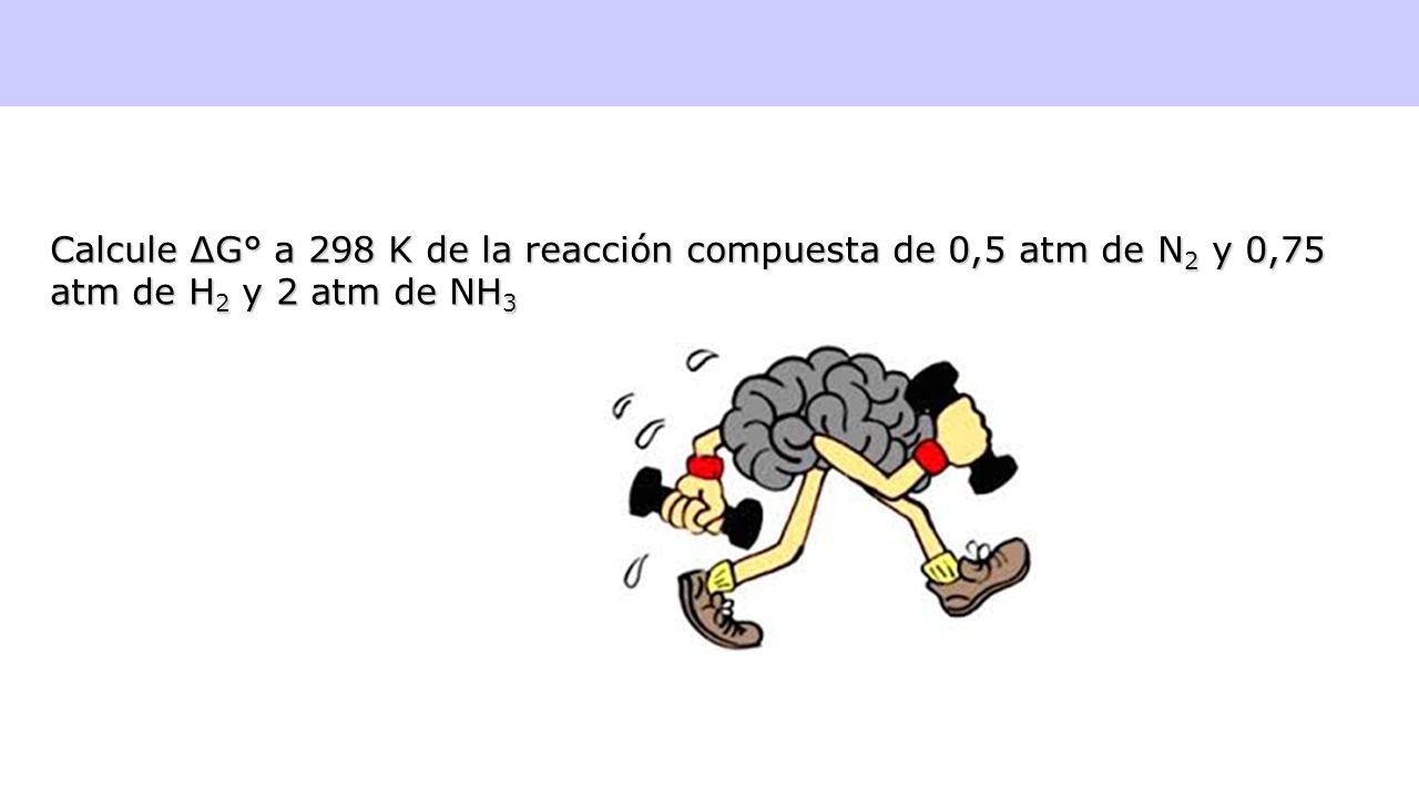 Calcule ΔG° a 298 K de la reacción compuesta de 0,5 atm de N2 y 0,75 atm de H2 y 2 atm de NH3