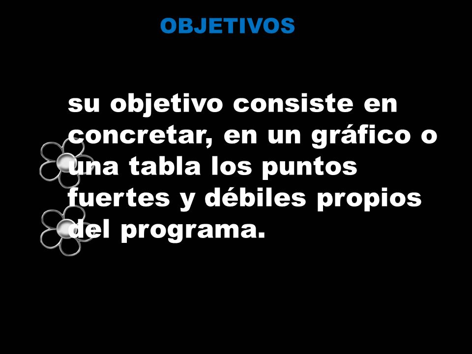 OBJETIVOS su objetivo consiste en concretar, en un gráfico o una tabla los puntos fuertes y débiles propios del programa.