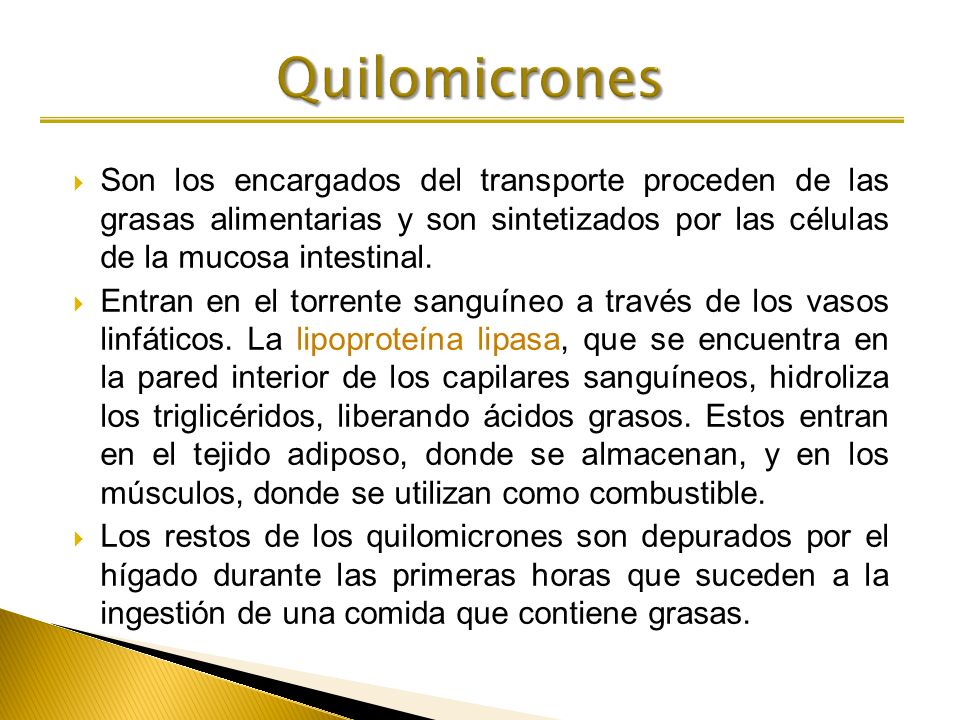 Quilomicrones Son los encargados del transporte proceden de las grasas alimentarias y son sintetizados por las células de la mucosa intestinal.