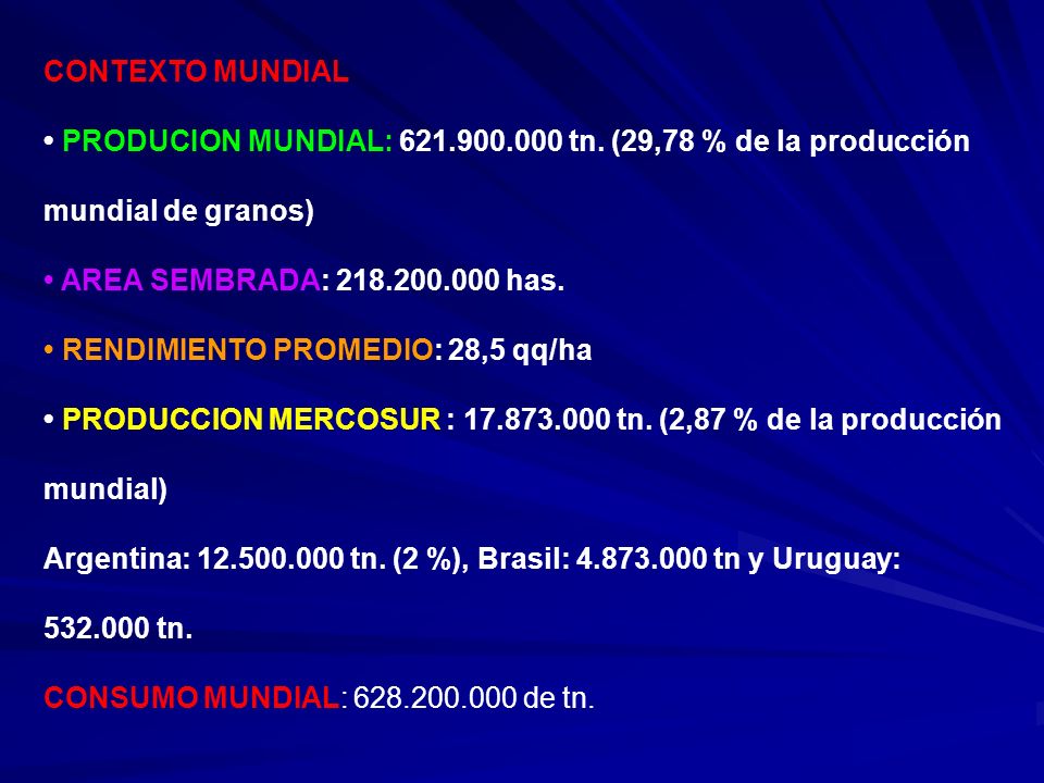 CONTEXTO MUNDIAL • PRODUCION MUNDIAL: tn. (29,78 % de la producción mundial de granos) • AREA SEMBRADA: has.