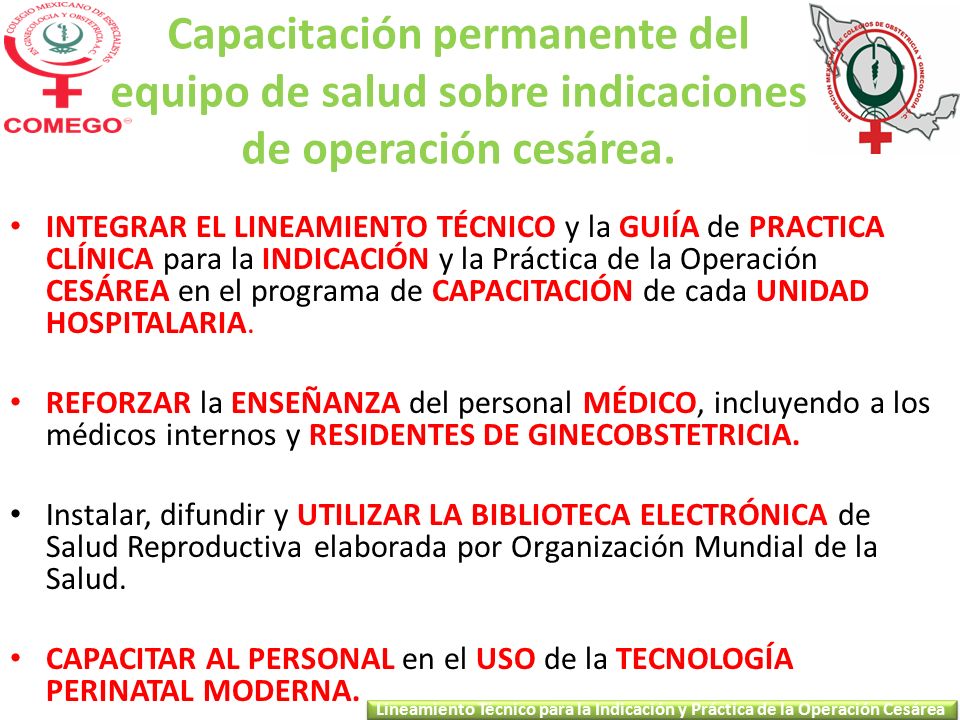 Capacitación permanente del equipo de salud sobre indicaciones de operación cesárea.