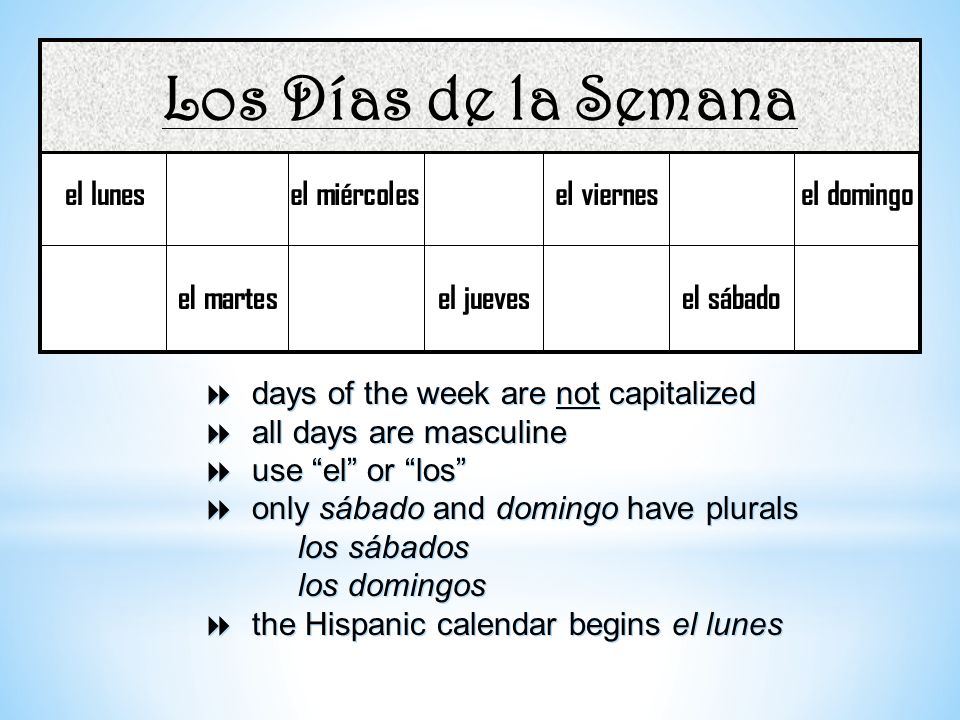 Los Días de la Semana el lunes el miércoles el viernes el domingo