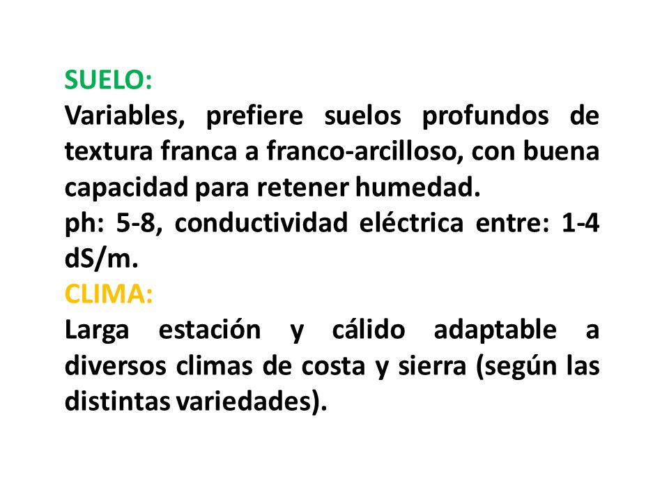 SUELO: Variables, prefiere suelos profundos de textura franca a franco-arcilloso, con buena capacidad para retener humedad.