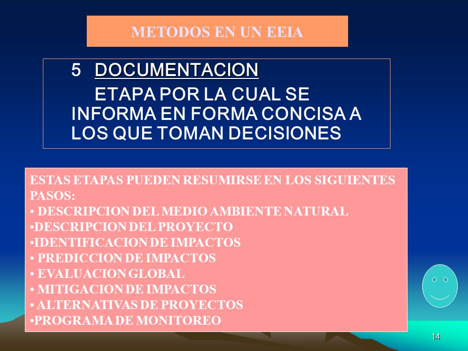 METODOS EN UN EEIA 5 DOCUMENTACION. ETAPA POR LA CUAL SE INFORMA EN FORMA CONCISA A LOS QUE TOMAN DECISIONES.