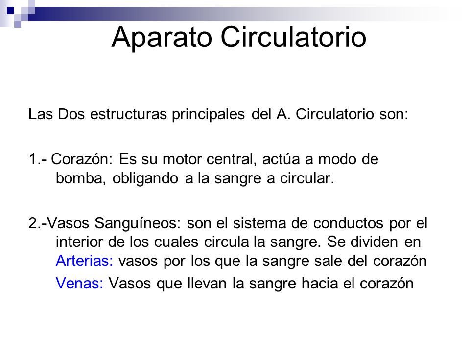 Aparato Circulatorio Las Dos estructuras principales del A. Circulatorio son: